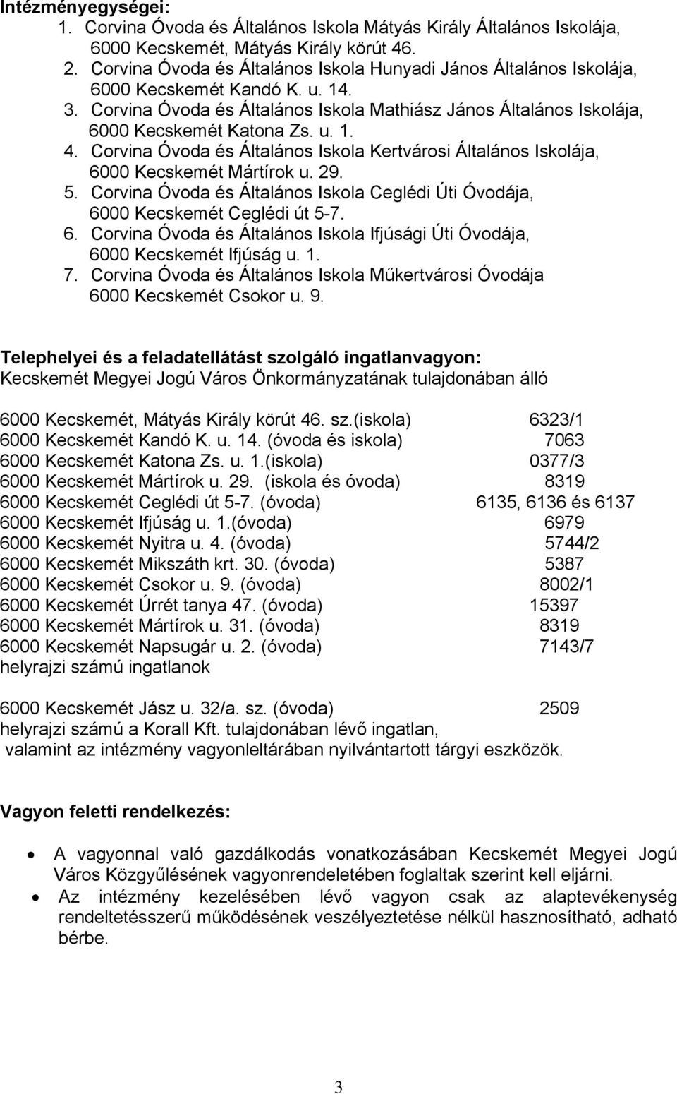 Corvina Óvoda és Általános Iskola Kertvárosi Általános Iskolája, 6000 Kecskemét Mártírok u. 29. 5. Corvina Óvoda és Általános Iskola Ceglédi Úti Óvodája, 6000 Kecskemét Ceglédi út 5-7. 6. Corvina Óvoda és Általános Iskola Ifjúsági Úti Óvodája, 6000 Kecskemét Ifjúság u.