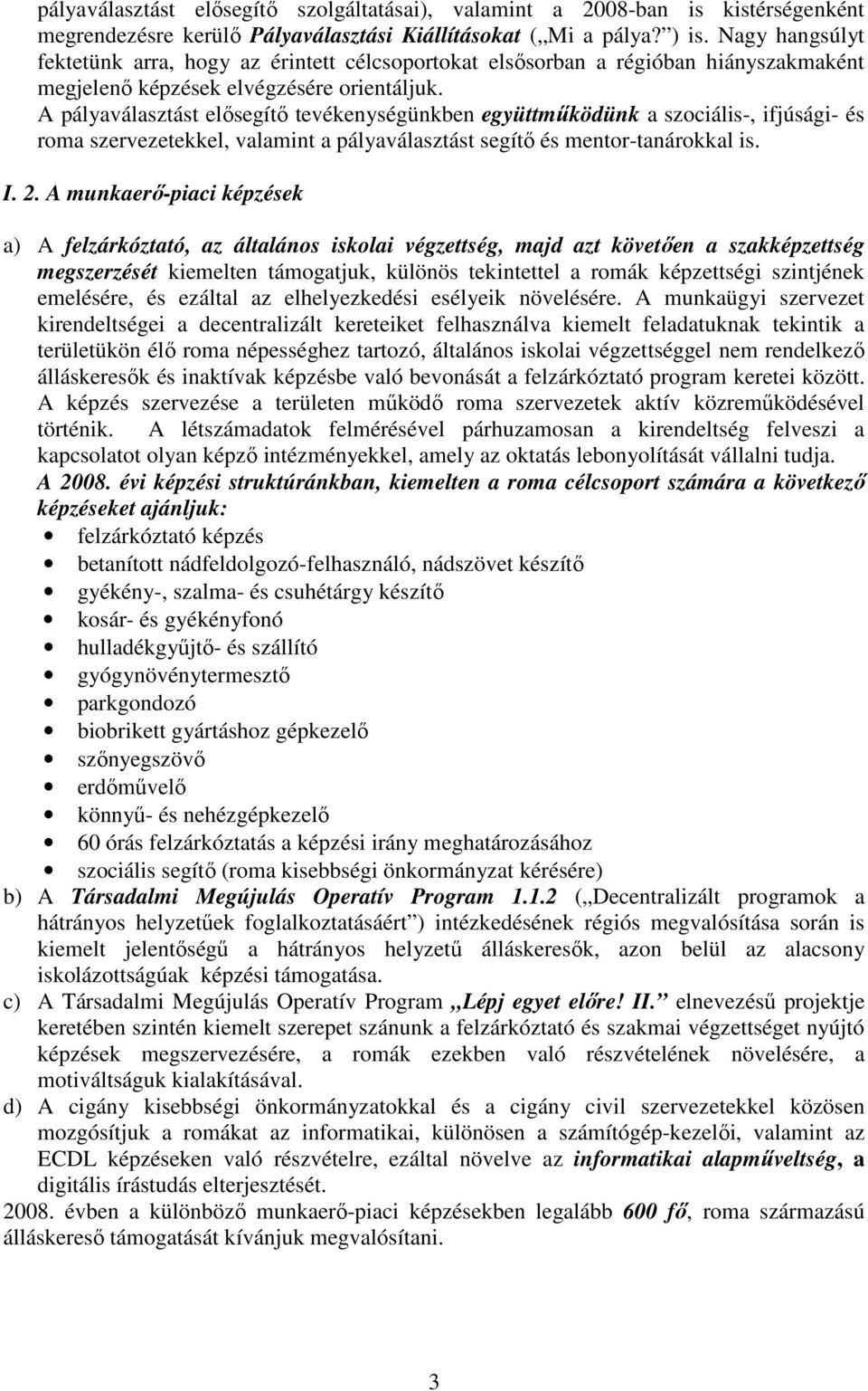 A pályaválasztást elısegítı tevékenységünkben együttmőködünk a szociális-, ifjúsági- és roma szervezetekkel, valamint a pályaválasztást segítı és mentor-tanárokkal is. I. 2.