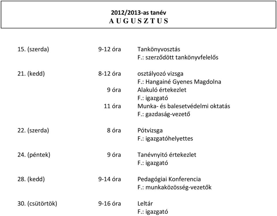 : Hangainé Gyenes Magdolna 9 óra Alakuló értekezlet 11 óra Munka és balesetvédelmi oktatás F.