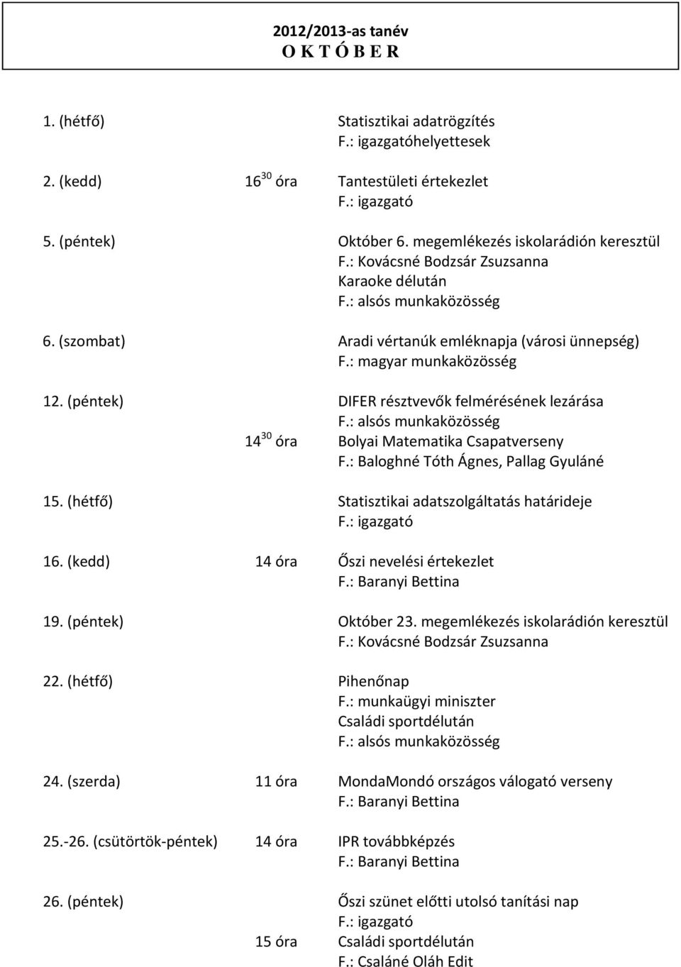 (péntek) DIFER résztvevők felmérésének lezárása 14 30 óra Bolyai Matematika Csapatverseny F.: Baloghné Tóth Ágnes, Pallag Gyuláné 15. (hétfő) Statisztikai adatszolgáltatás határideje 16.