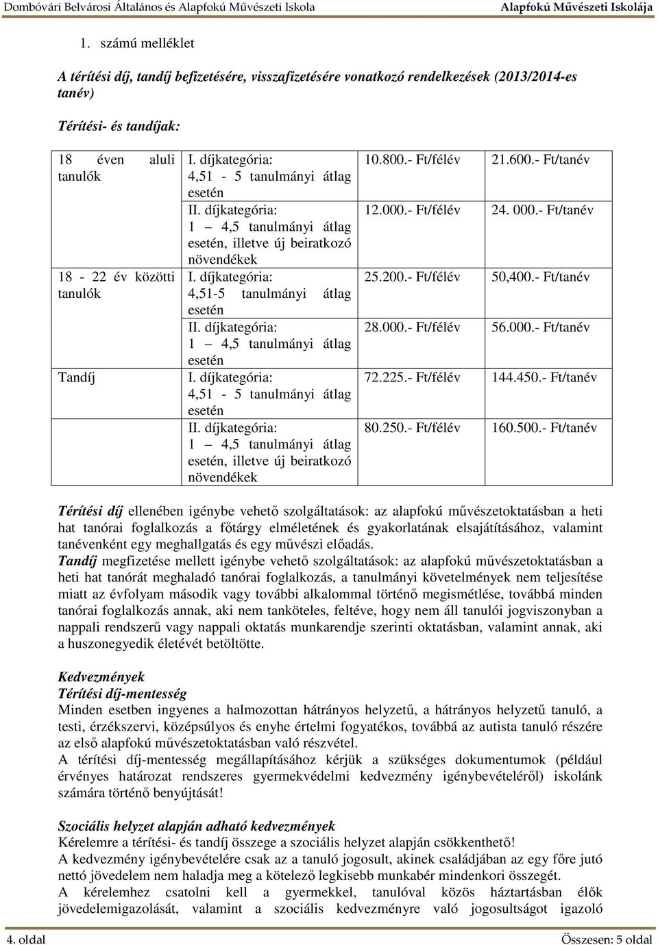 000.- Ft/tanév 25.200.- Ft/félév 50,400.- Ft/tanév 28.000.- Ft/félév 56.000.- Ft/tanév 72.225.- Ft/félév 144.450.- Ft/tanév 80.250.- Ft/félév 160.500.