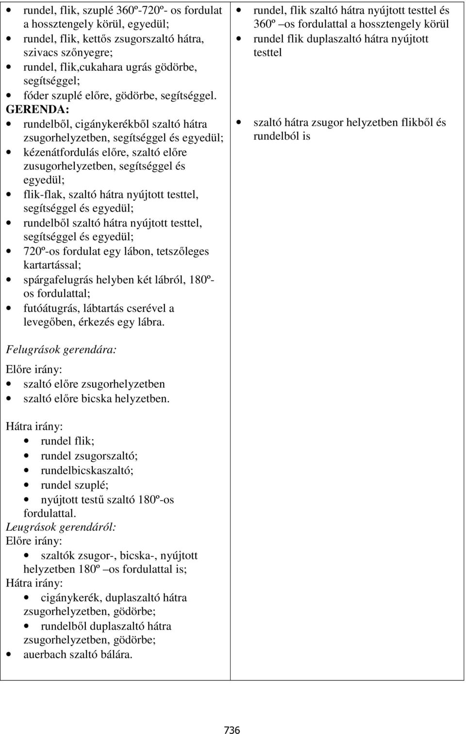 GERENDA: rundelből, cigánykerékből szaltó hátra zsugorhelyzetben, kézenátfordulás előre, szaltó előre zusugorhelyzetben, segítséggel és flik-flak, szaltó hátra nyújtott testtel, rundelből szaltó