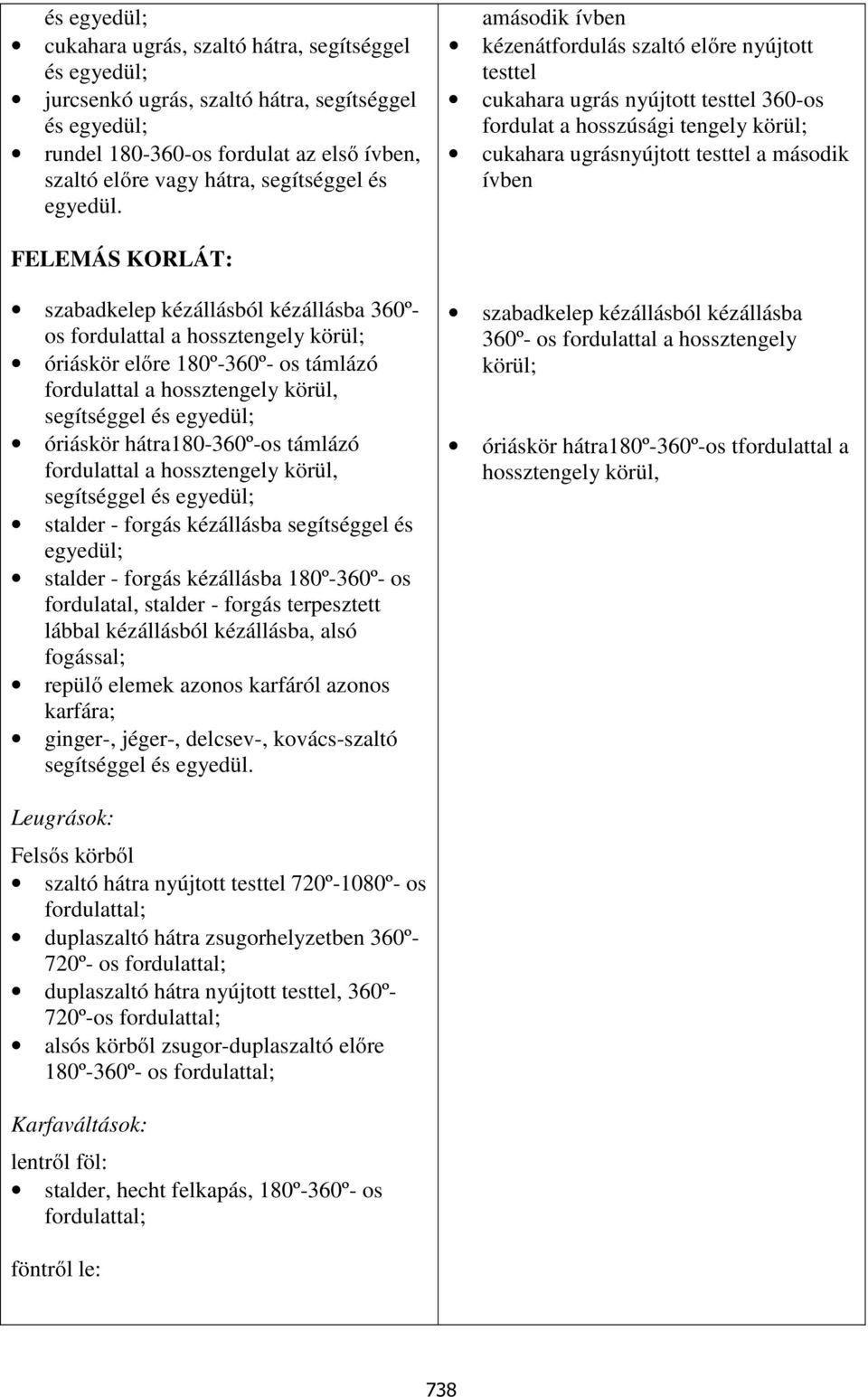 szabadkelep kézállásból kézállásba 360ºos fordulattal a hossztengely körül; óriáskör előre 180º-360º- os támlázó fordulattal a hossztengely körül, óriáskör hátra180-360º-os támlázó fordulattal a