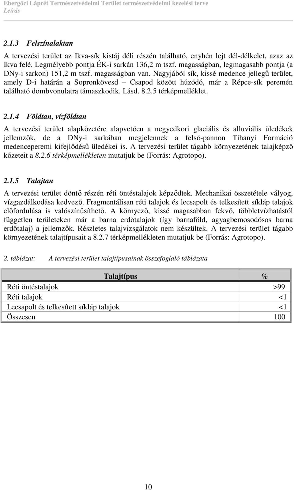 Nagyjából sík, kissé medence jellegő terület, amely D-i határán a Sopronkövesd Csapod között húzódó, már a Répce-sík peremén található dombvonulatra támaszkodik. Lásd. 8.2.5 térképmelléklet. 2.1.