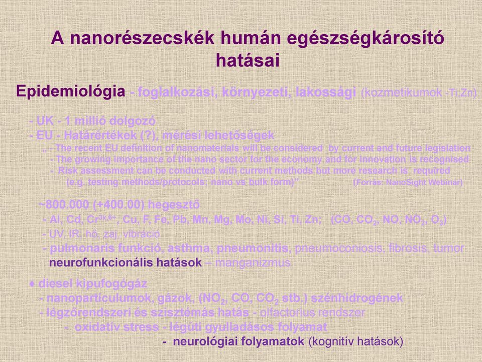 is recognised - Risk assessment can be conducted with current methods but more research is required (e.g. testing methods/protocols; nano vs bulk form) (Forrás: NanoSight Webinar) ~800.000 (+400.