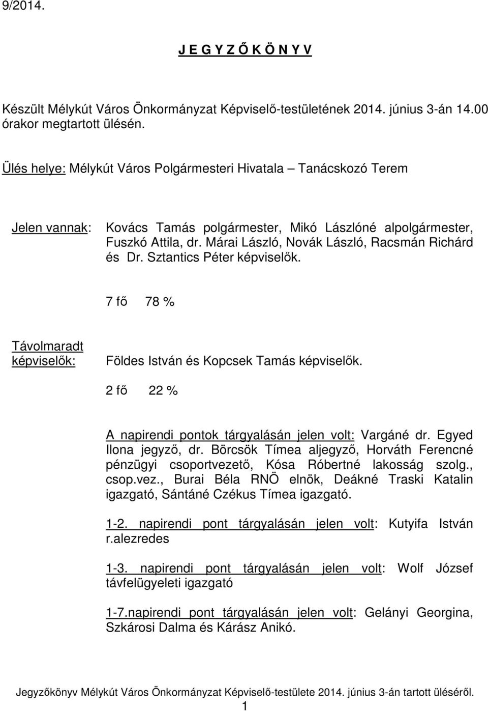 Márai László, Novák László, Racsmán Richárd és Dr. Sztantics Péter képviselők. 7 fő 78 % Távolmaradt képviselők: Földes István és Kopcsek Tamás képviselők.