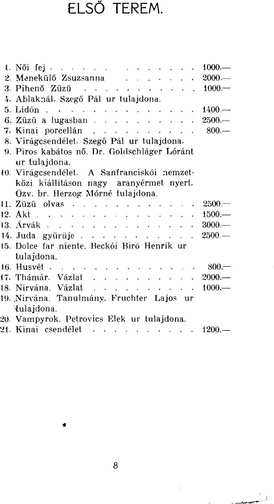 Űzv. br. Herzog Mórné 11. Züzü olvas 2500 12. Akt. 1500. 13. Árvák. 3000 14. Juda gyűrűje 2500. 15. Dolce far niente. Beckói Biró Henrik ur 16. Húsvét 800 17.