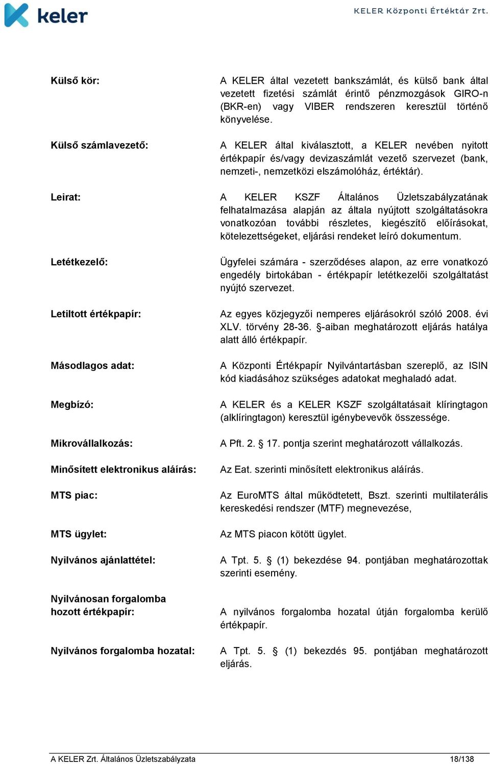 Leirat: A KELER KSZF Általános Üzletszabályzatának felhatalmazása alapján az általa nyújtott szolgáltatásokra vonatkozóan további részletes, kiegészítő előírásokat, kötelezettségeket, eljárási