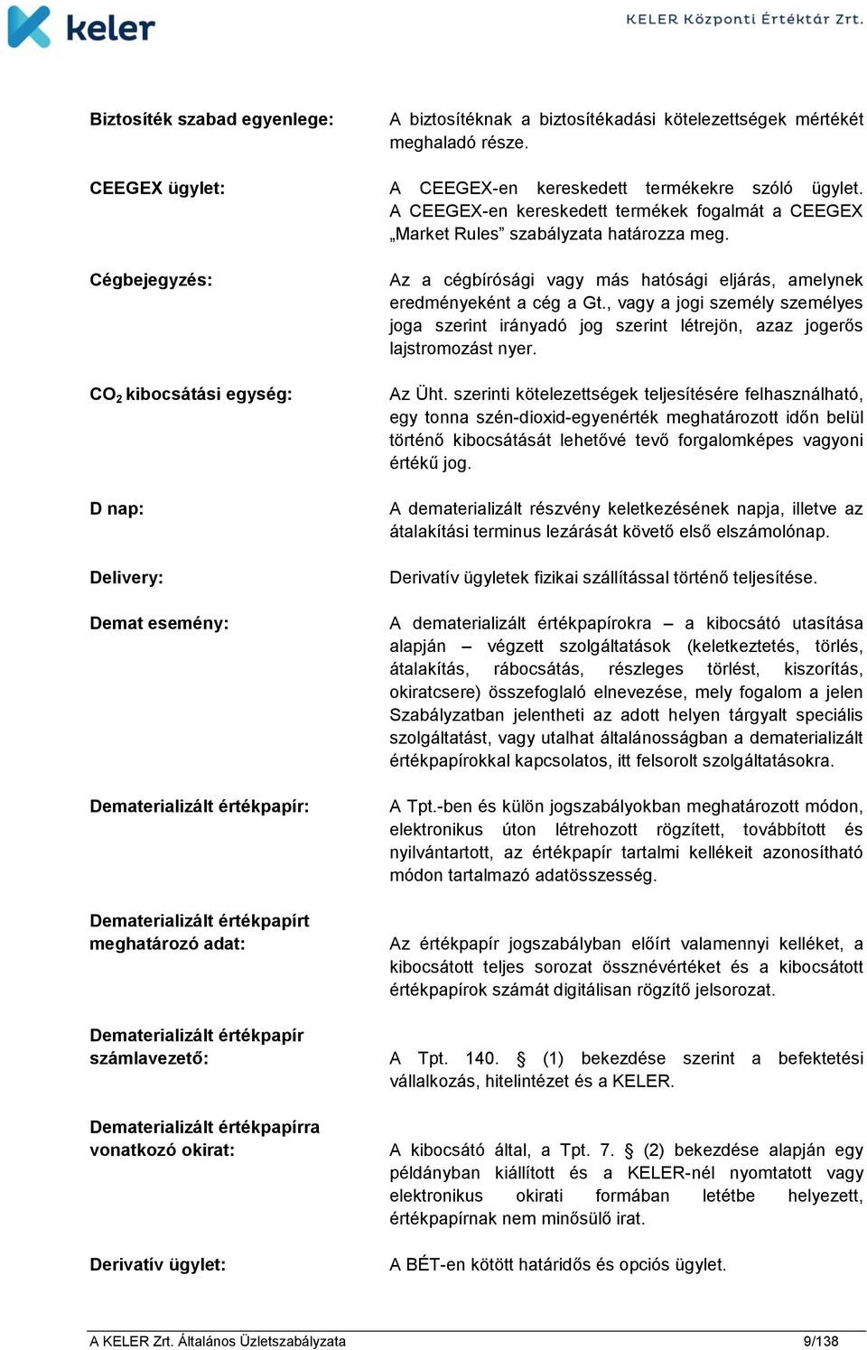 Cégbejegyzés: CO 2 kibocsátási egység: D nap: Delivery: Demat esemény: Dematerializált értékpapír: Dematerializált értékpapírt meghatározó adat: Dematerializált értékpapír számlavezető: