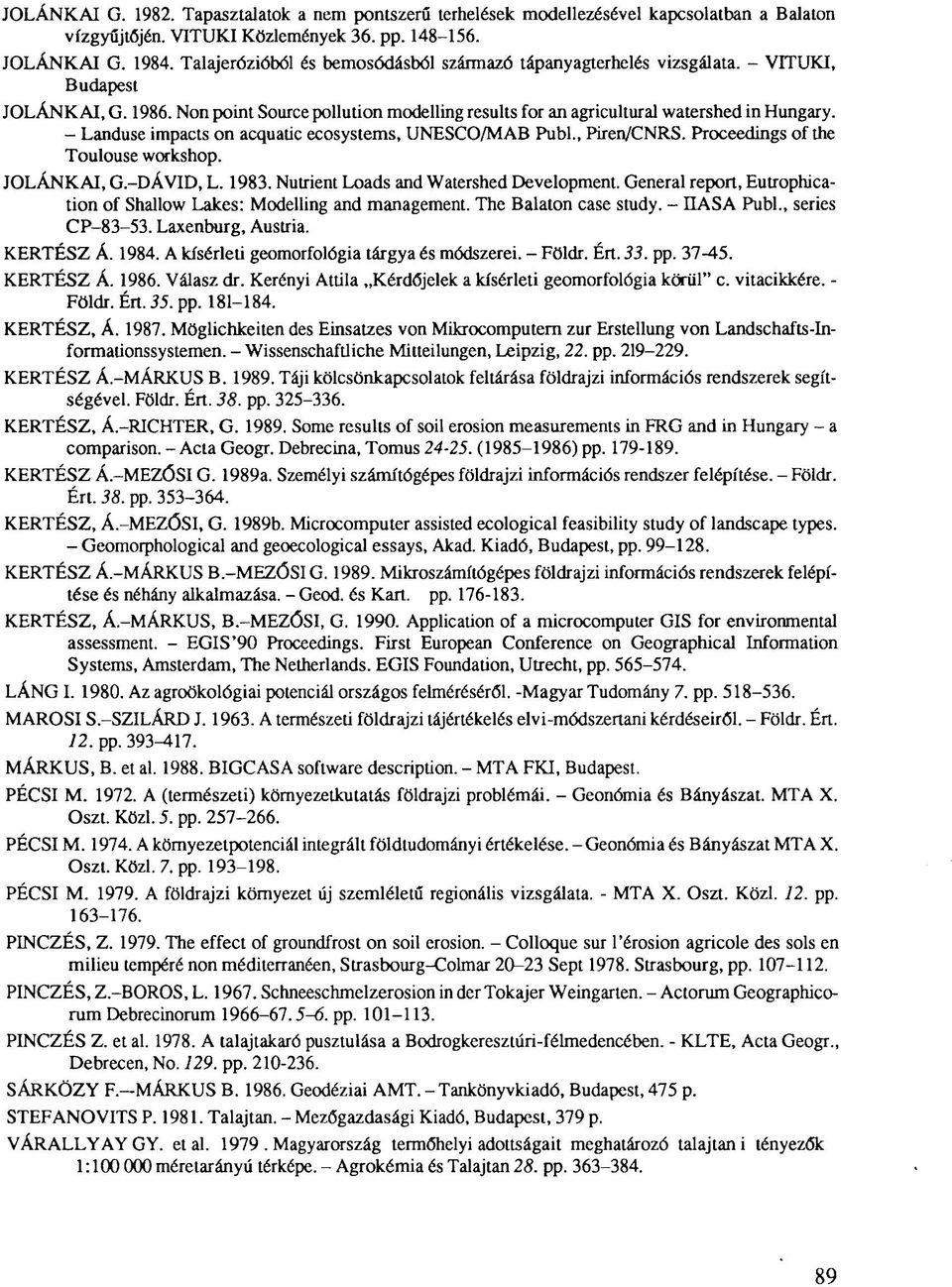 - Landuse impacts on acquatic ecosystems, UNESCO/MAB Publ., Piren/CNRS. Proceedings of the Toulouse workshop. JOLÁNKAI, G.-DÁVID, L. 1983. Nutrient Loads and Watershed Development.