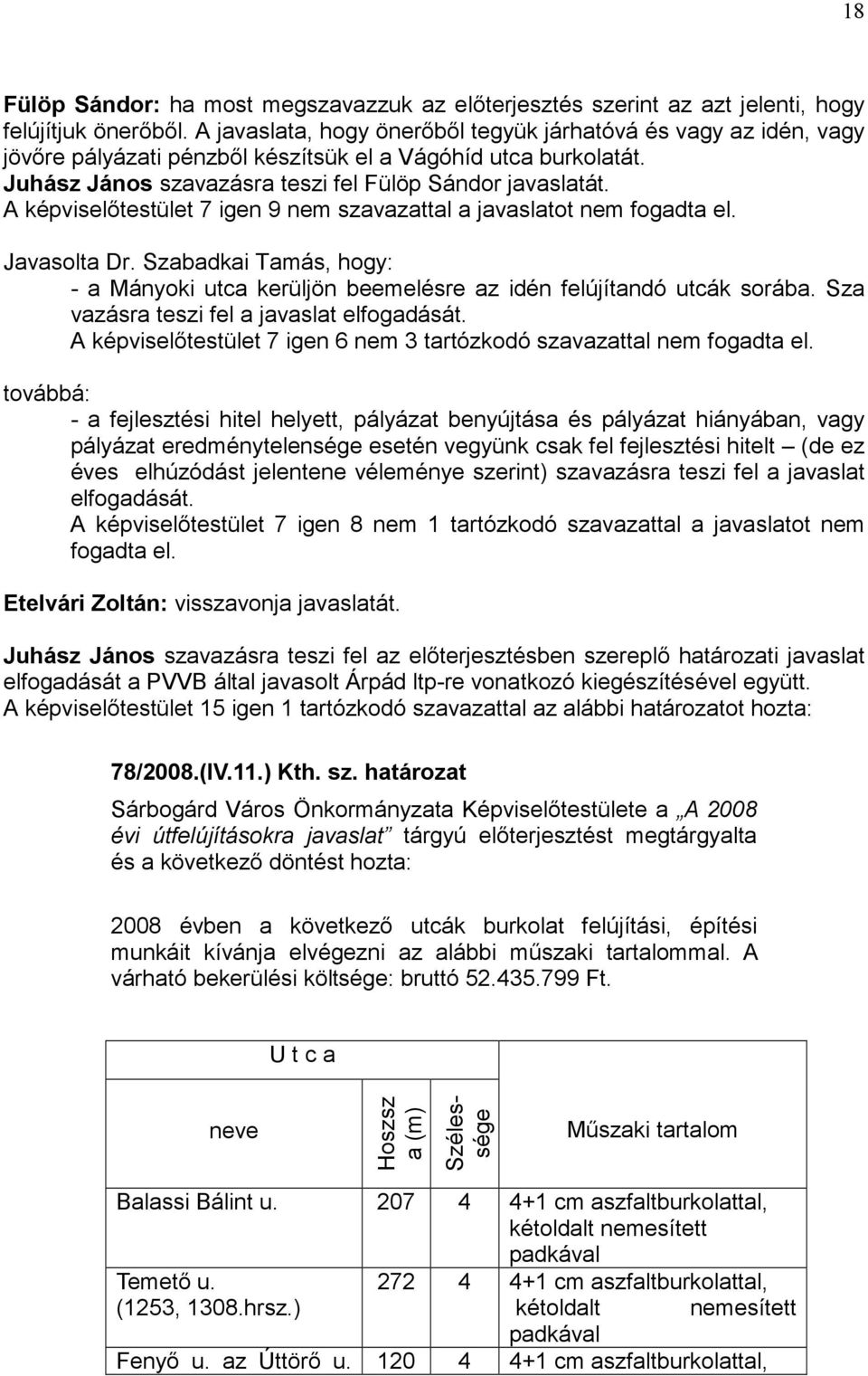 A képviselőtestület 7 igen 9 nem szavazattal a javaslatot nem fogadta el. Javasolta Dr. Szabadkai Tamás, hogy: - a Mányoki utca kerüljön beemelésre az idén felújítandó utcák sorába.