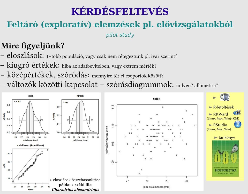 kiugró értékek: hiba az adatbevitelben, vagy extrém mérték? középértékek, szóródás: mennyire tér el csoportok között?