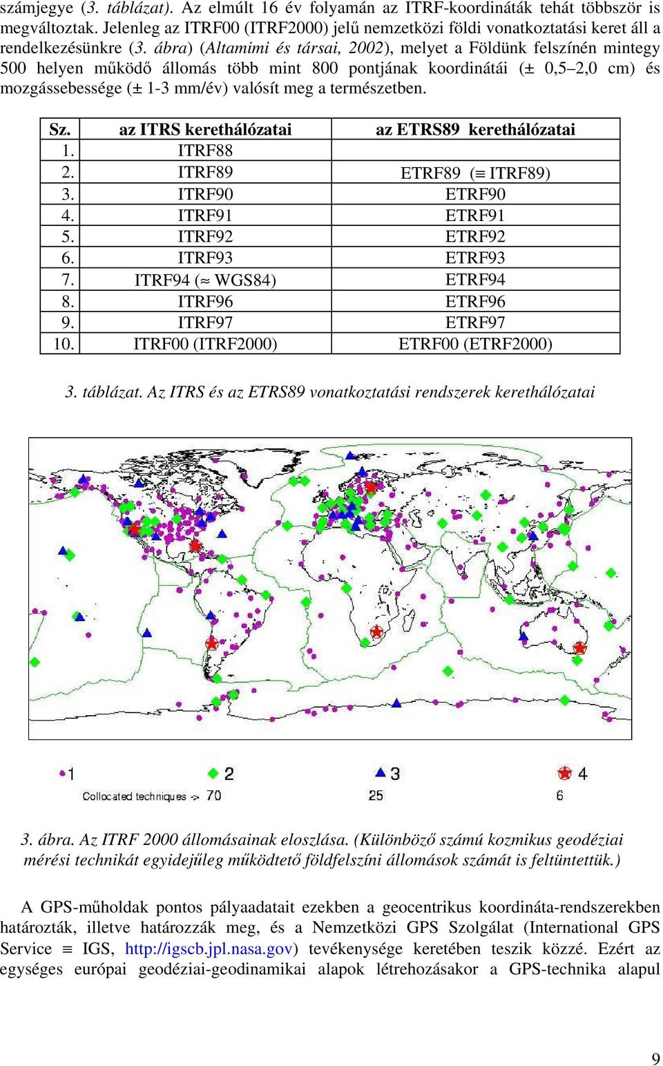 ábra) (Altamimi és társai, 2002), melyet a Földünk felszínén mintegy 500 helyen működő állomás több mint 800 pontjának koordinátái (± 0,5 2,0 cm) és mozgássebessége (± 1-3 mm/év) valósít meg a