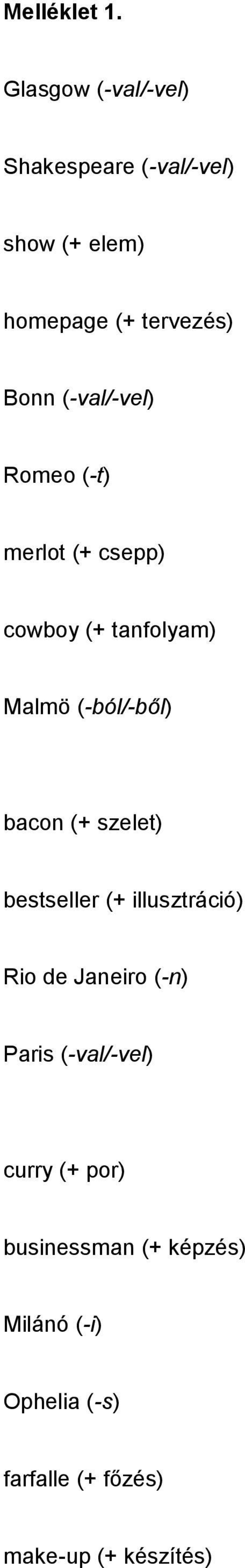 (val/vel) Romeo (t) merlot (+ cepp) cowboy (+ tanfolyam) Malmö (ból/ből) bacon (+