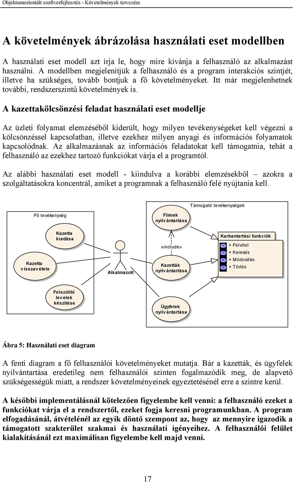 A kazettakölcsönzési feladat használati eset modellje Az üzleti folyamat elemzéséből kiderült, hogy milyen tevékenységeket kell végezni a kölcsönzéssel kapcsolatban, illetve ezekhez milyen anyagi és