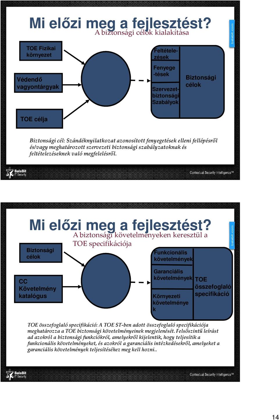 Biztonsági cél: Szándéknyilatkozat azonosított fenyegetések elleni fellépésről és/vagy meghatározott szervezeti biztonsági szabályzatoknak és feltételezéseknek való megfelelésről.