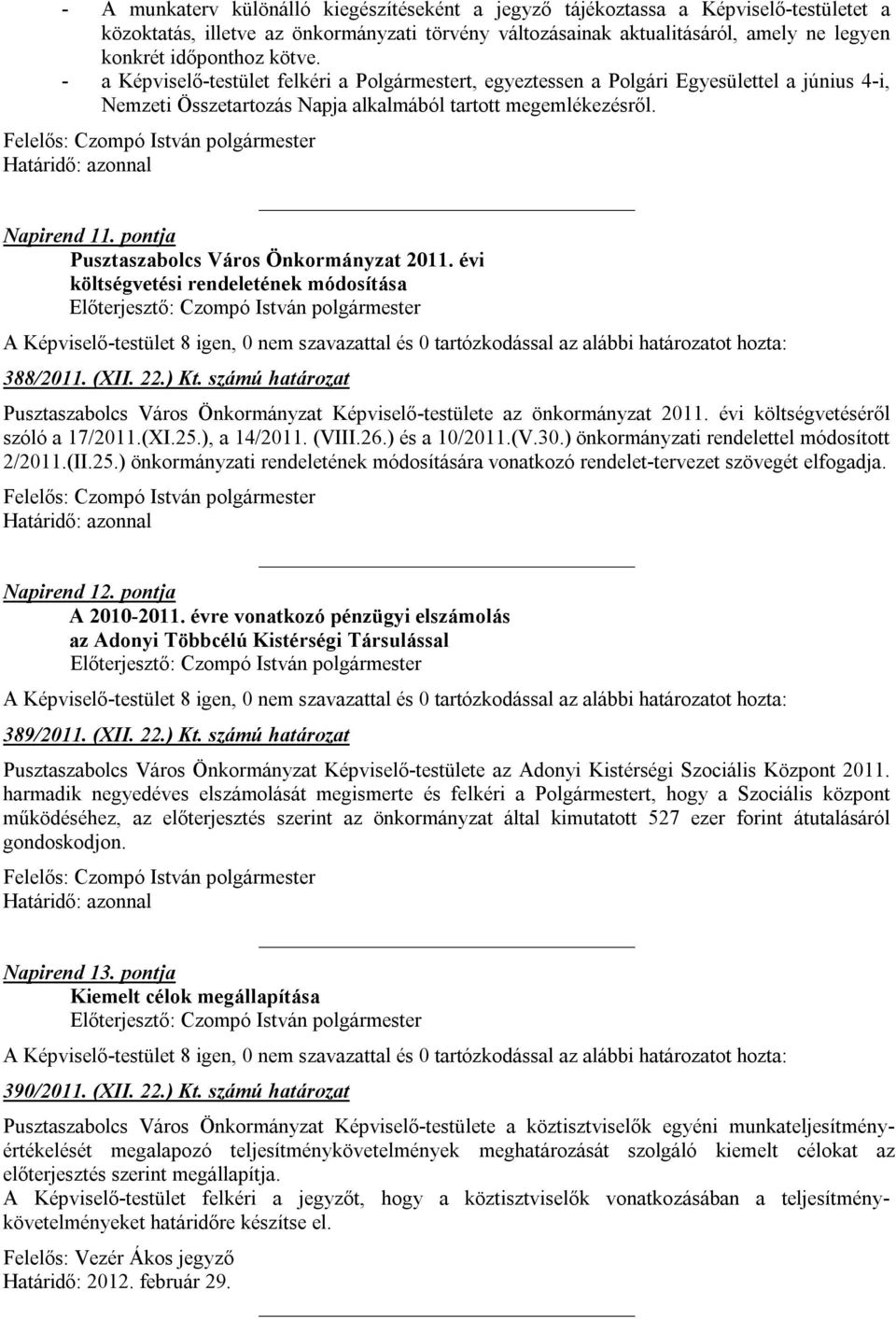 pontja Pusztaszabolcs Város Önkormányzat 2011. évi költségvetési rendeletének módosítása 388/2011. (XII. 22.) Kt.