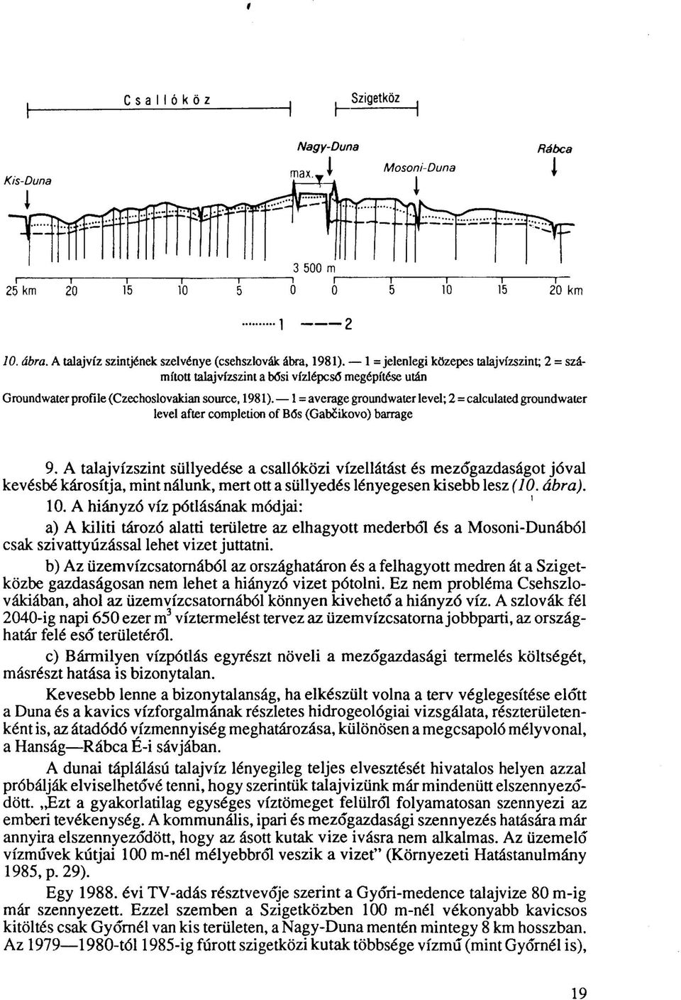 1 = average groundwater level; 2 = calculated groundwater level after completion of Bős (Gabcikovo) barrage 9.