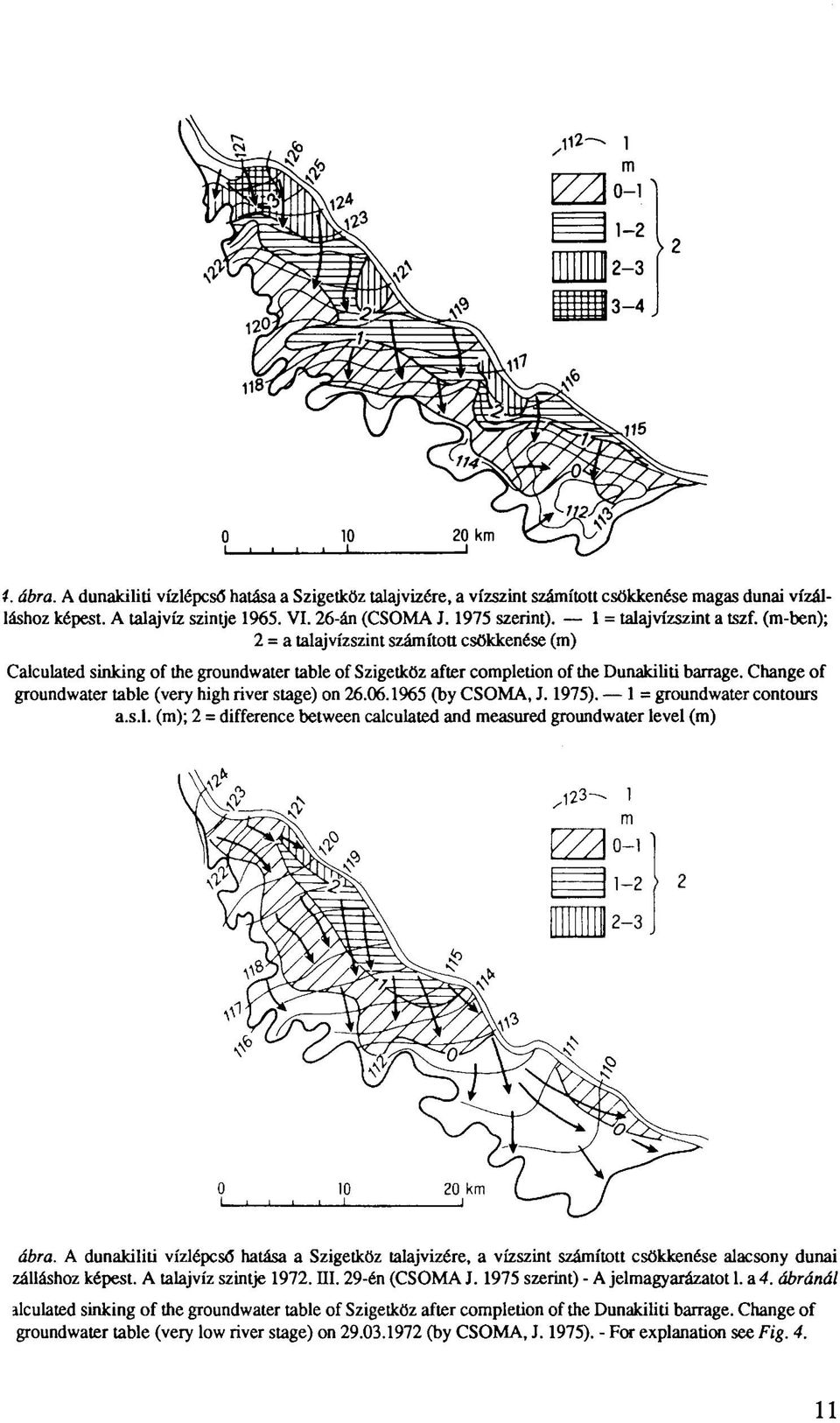 Change of groundwater table (very high river stage) on 26.06.1965 (by CSOMA, J. 1975). 1 = groundwater contours a.s.l. (m); 2 = difference between calculated and measured groundwater level (m) ábra.