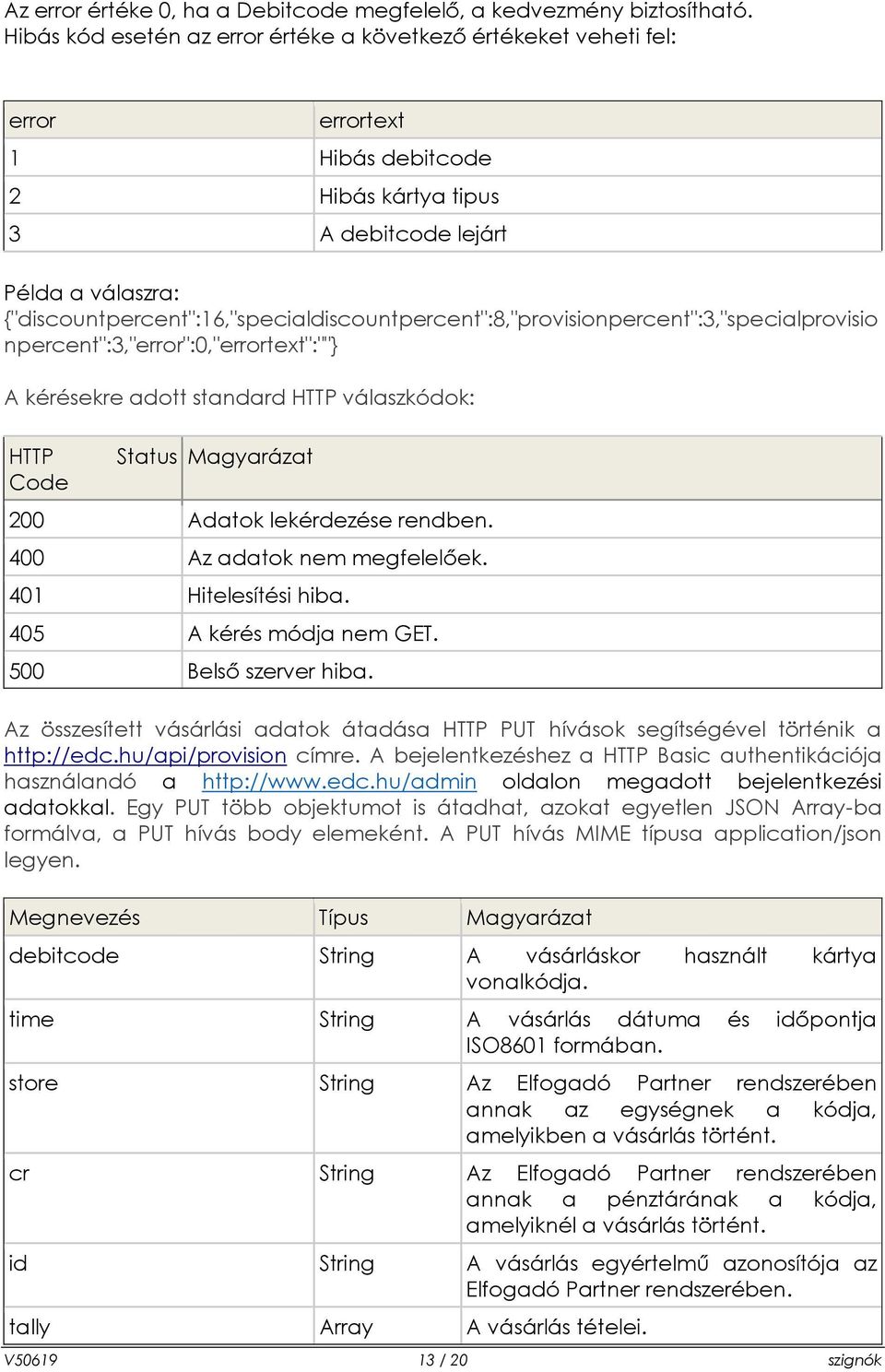 {"discountpercent":16,"specialdiscountpercent":8,"provisionpercent":3,"specialprovisio npercent":3,"error":0,"errortext":""} A kérésekre adott standard HTTP válaszkódok: HTTP Code Status Magyarázat