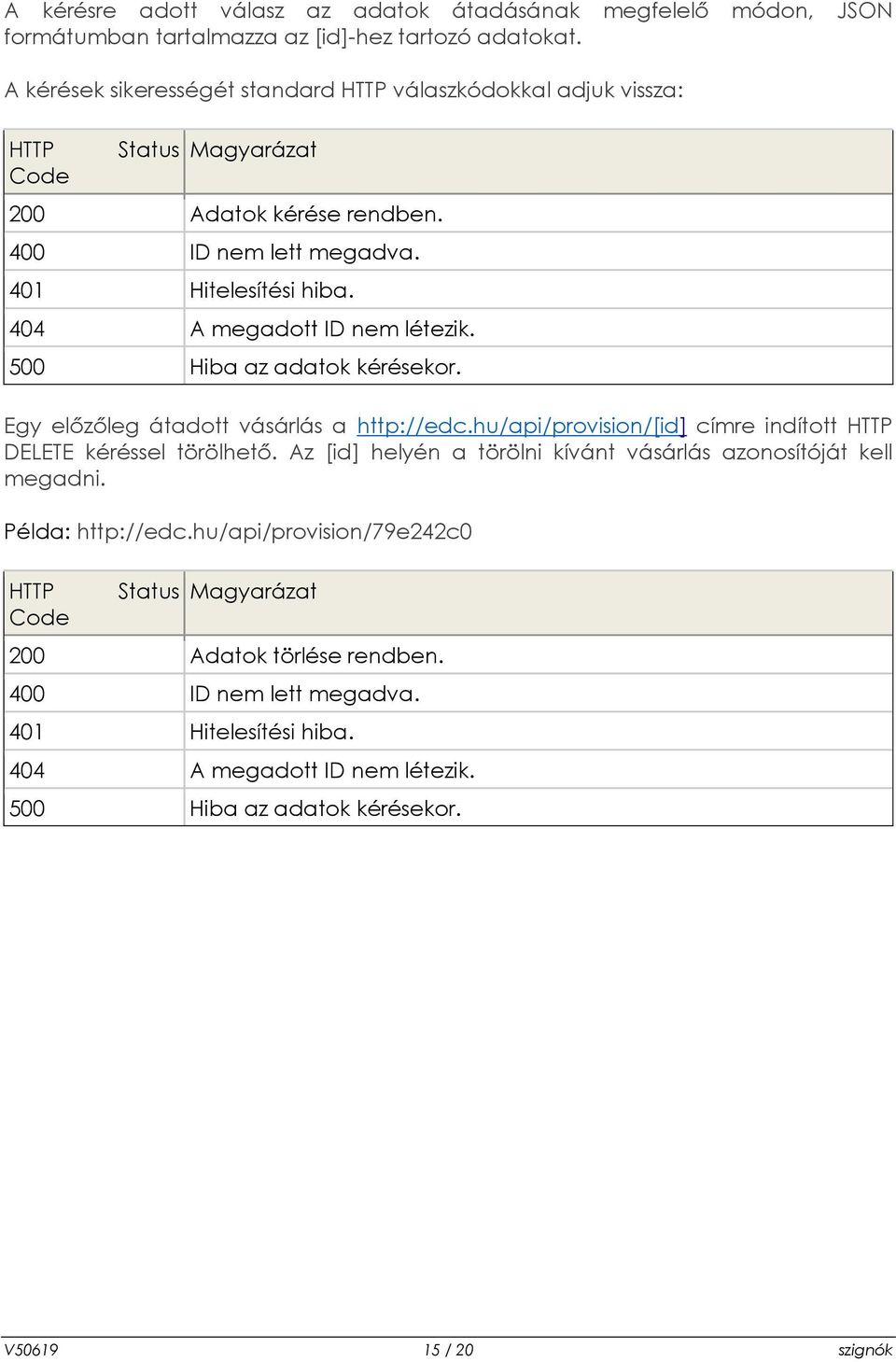 404 A megadott ID nem létezik. 500 Hiba az adatok kérésekor. Egy előzőleg átadott vásárlás a http://edc.hu/api/provision/[id] címre indított HTTP DELETE kéréssel törölhető.