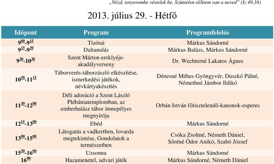 Wechterné Lakatos Ágnes Táborverés-táborzászló elkészítése, 10 30-11 15 ismerkedési játékok, névkártyakészítés Dénesné Méhes Gyöngyvér, Duszkó Pálné, Némethné Jámbor Ildikó 11 30-12