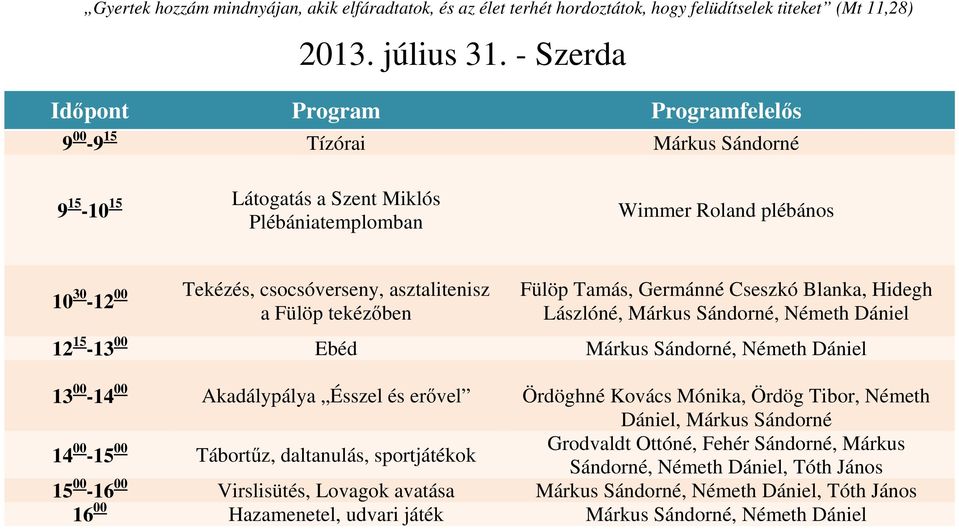 Germánné Cseszkó Blanka, Hidegh Lászlóné, Márkus Sándorné, Németh Dániel 13 00-14 00 Akadálypálya Ésszel és erővel Ördöghné Kovács Mónika, Ördög Tibor, Németh Dániel,