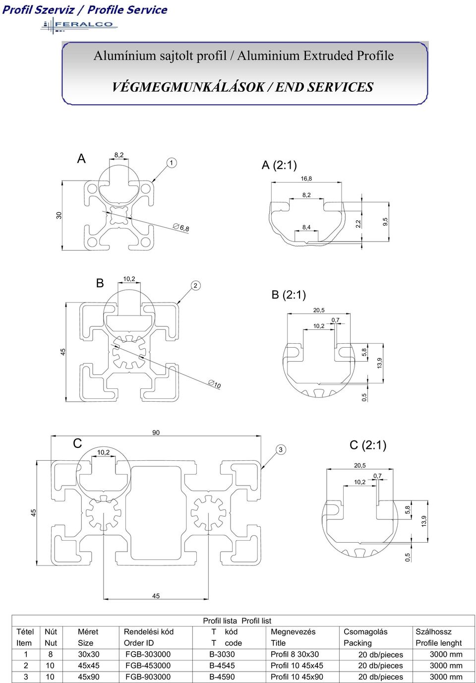 Order ID T code Title Packing Profile lenght 1 8 30x30 303000 B-3030 Profil 8 30x30 20 db/pieces 3000 mm