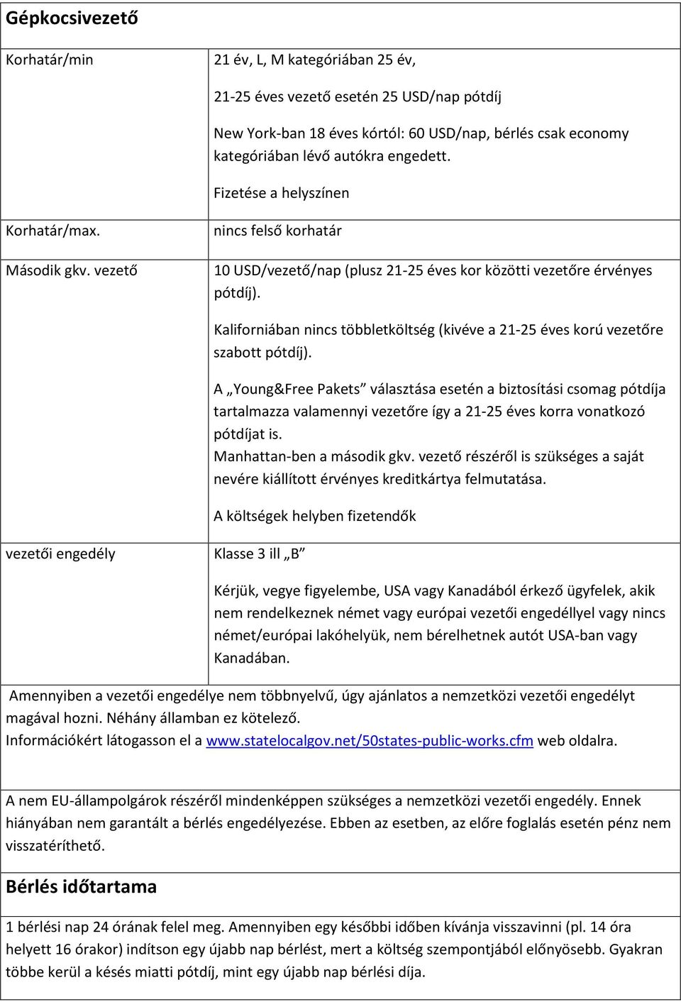 Kaliforniában nincs többletköltség (kivéve a 21-25 éves korú vezetőre szabott pótdíj).
