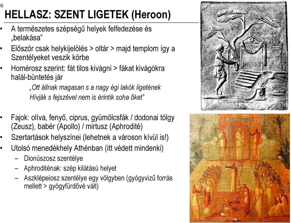 Fajok: olíva, fenyő, ciprus, gyümölcsfák / dodonai tölgy (Zeusz), babér (Apollo) / mirtusz (Aphrodité) Szertartások helyszínei (lehetnek a városon kívül is!