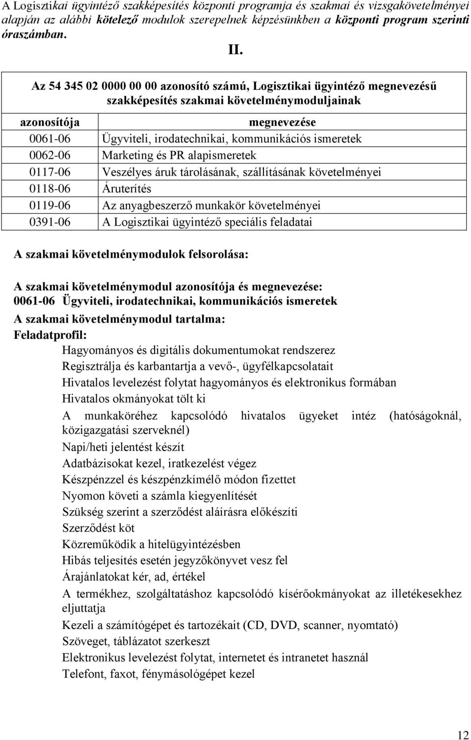 0062-06 Marketing és PR alapismeretek 0117-06 Veszélyes áruk tárolásának, szállításának követelményei 0118-06 Áruterítés 0119-06 Az anyagbeszerző munkakör követelményei 0391-06 A Logisztikai