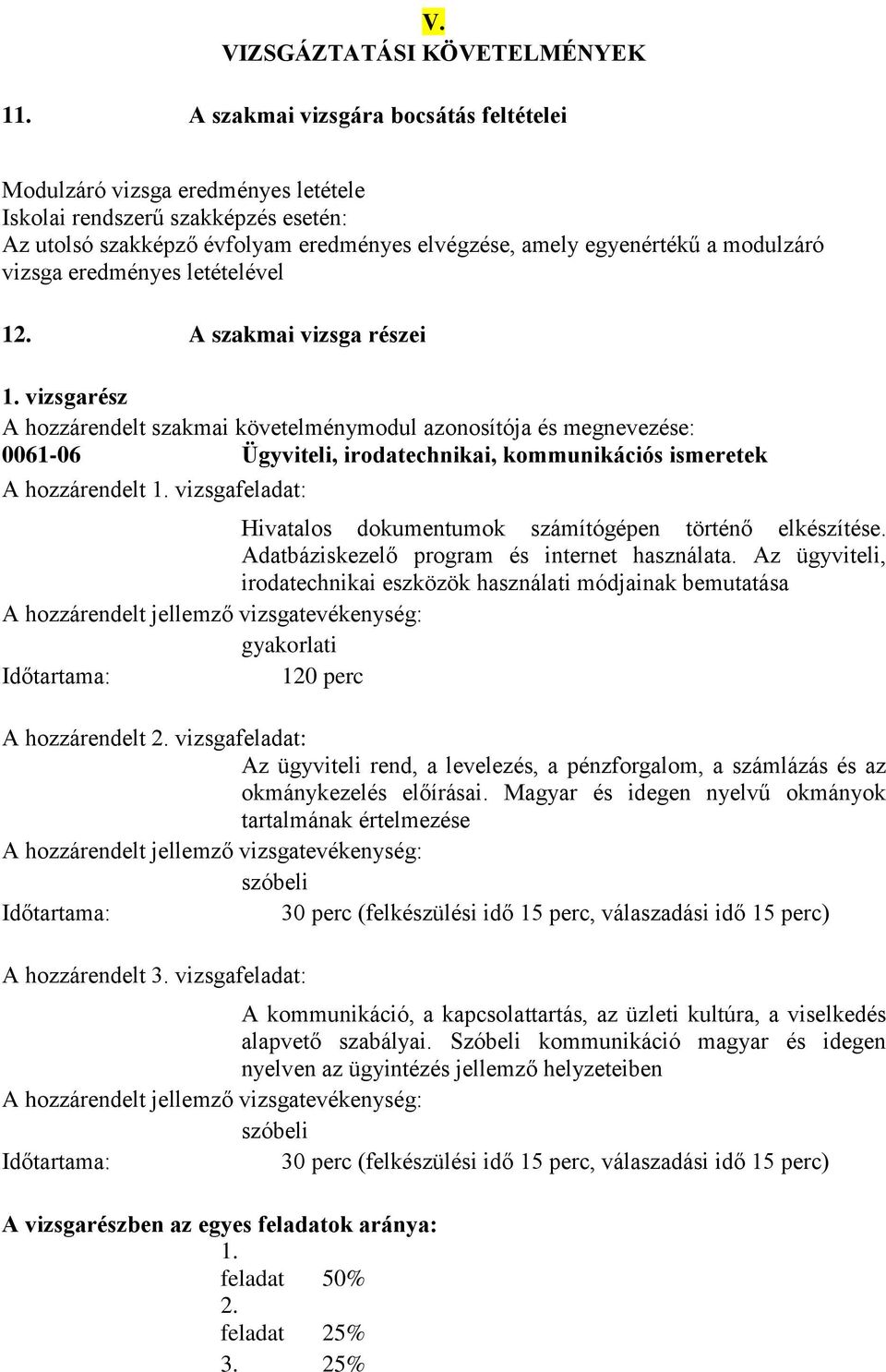 eredményes letételével 12. A vizsga részei 1. vizsgarész A hozzárendelt követelménymodul azonosítója és megnevezése: 0061-06 Ügyviteli, irodatechnikai, kommunikációs ismeretek A hozzárendelt 1.