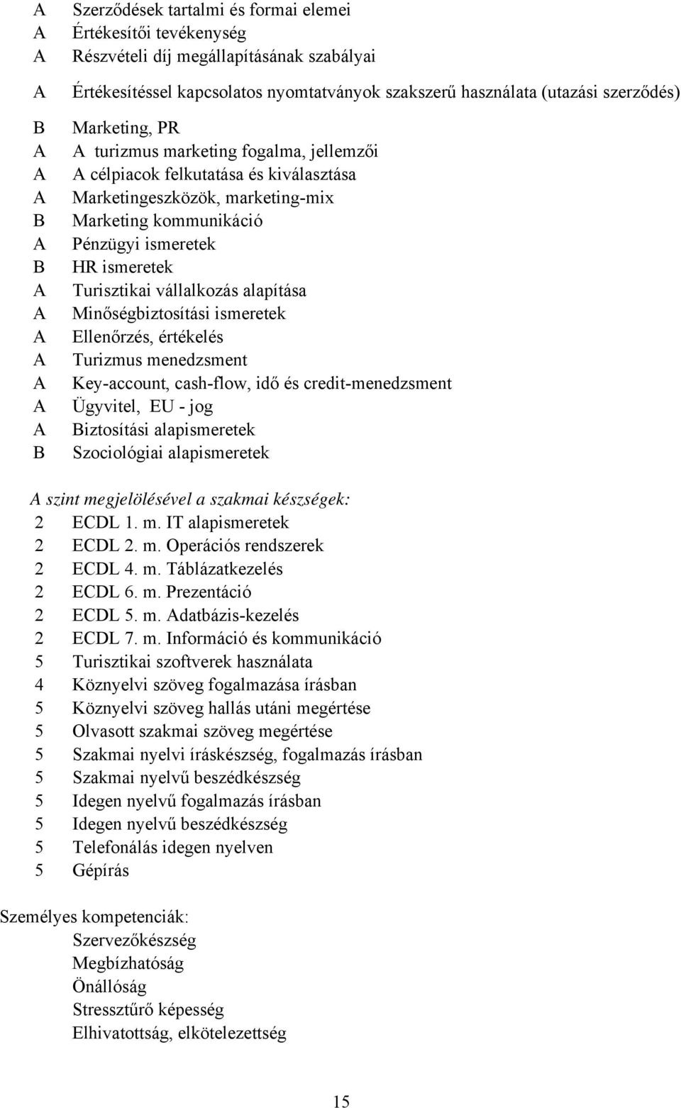 Minőségbiztosítási ismeretek Ellenőrzés, értékelés Turizmus menedzsment Key-account, cash-flow, idő és credit-menedzsment Ügyvitel, EU - jog iztosítási alapismeretek Szociológiai alapismeretek szint