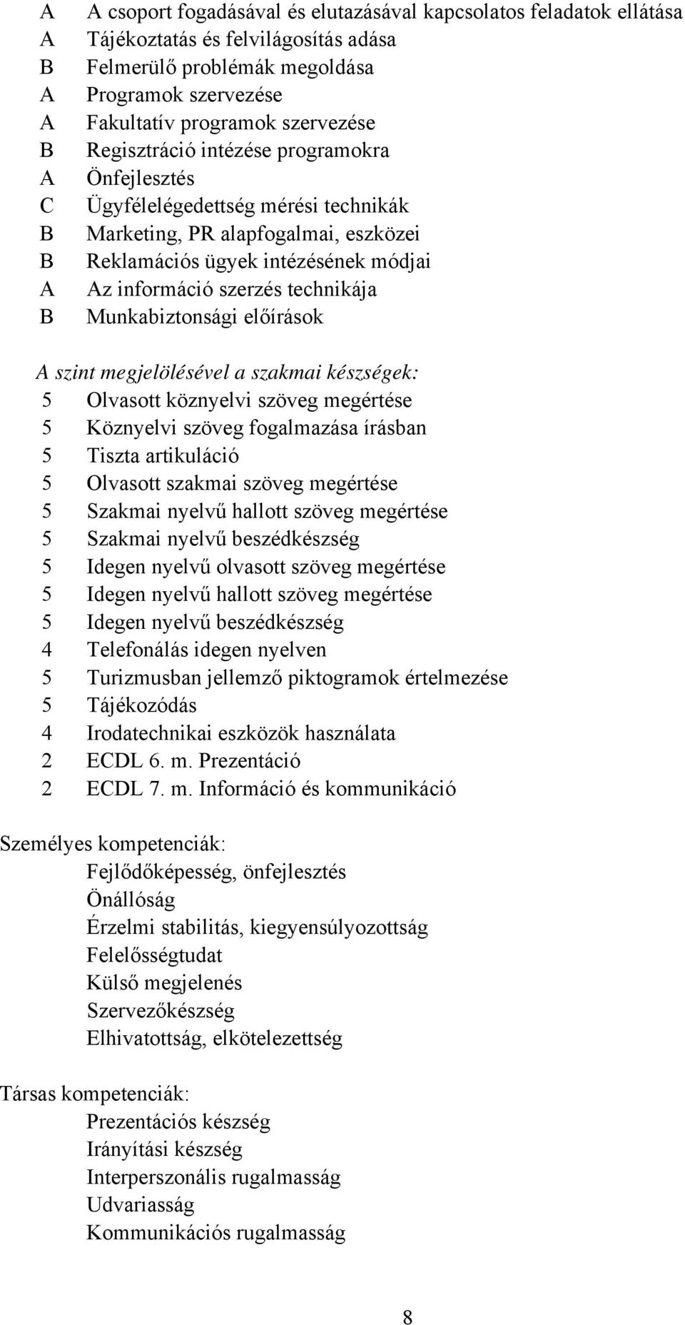 Munkabiztonsági előírások szint megjelölésével a szakmai készségek: 5 Olvasott köznyelvi szöveg megértése 5 Köznyelvi szöveg fogalmazása írásban 5 Tiszta artikuláció 5 Olvasott szakmai szöveg