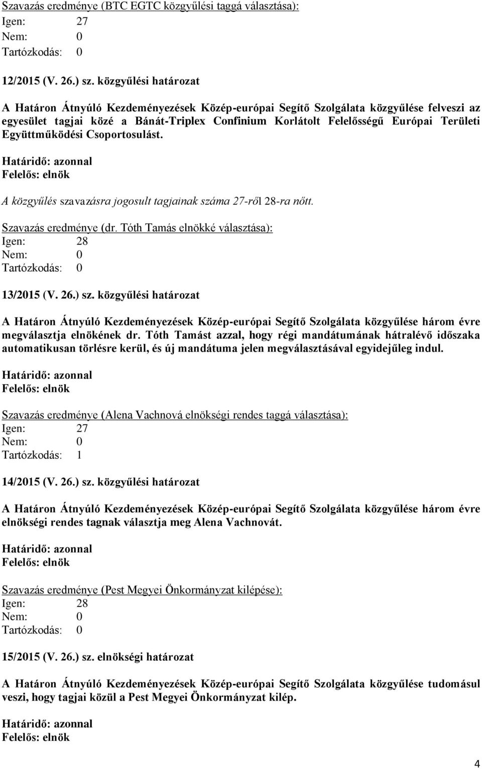 Együttműködési Csoportosulást. A közgyűlés szavazásra jogosult tagjainak száma 27-ről 28-ra nőtt. Szavazás eredménye (dr. Tóth Tamás elnökké választása): 13/2015 (V. 26.) sz.