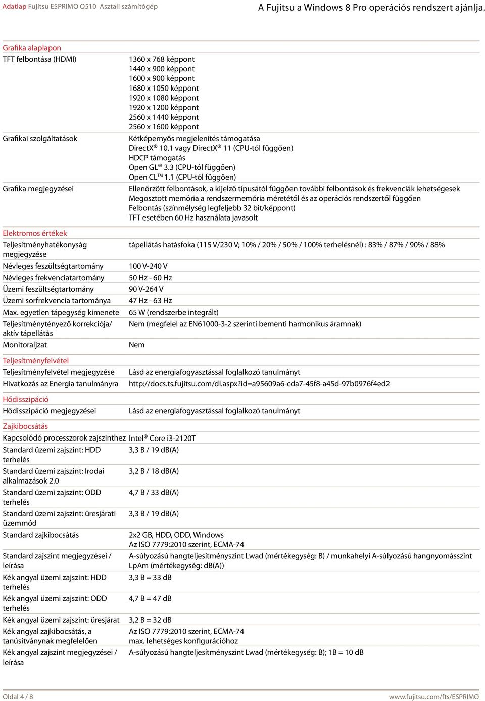 egyetlen tápegység kimenete Teljesítménytényező korrekciója/ aktív tápellátás Monitoraljzat Teljesítményfelvétel Teljesítményfelvétel megjegyzése Hivatkozás az Energia tanulmányra Hődisszipáció