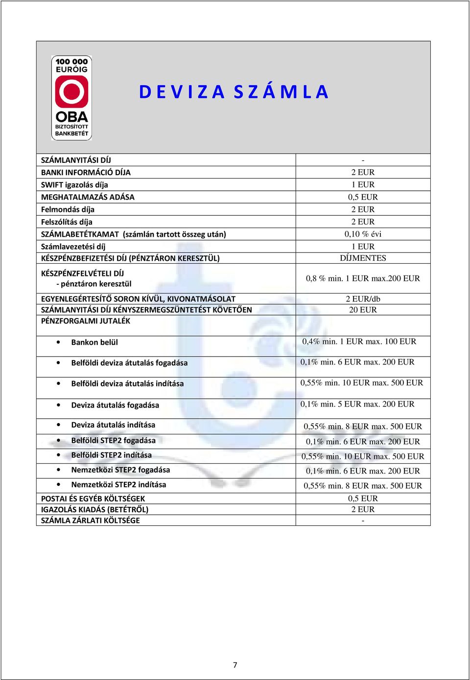 KIVONATMÁSOLAT SZÁMLANYITÁSI DÍJ KÉNYSZERMEGSZÜNTETÉST KÖVETŐEN PÉNZFORGALMI JUTALÉK 0,8 % min. 1 EUR max.200 EUR 2 EUR/db 20 EUR Bankon belül 0,4% min. 1 EUR max. 100 EUR Belföldi deviza átutalás fogadása 0,1% min.