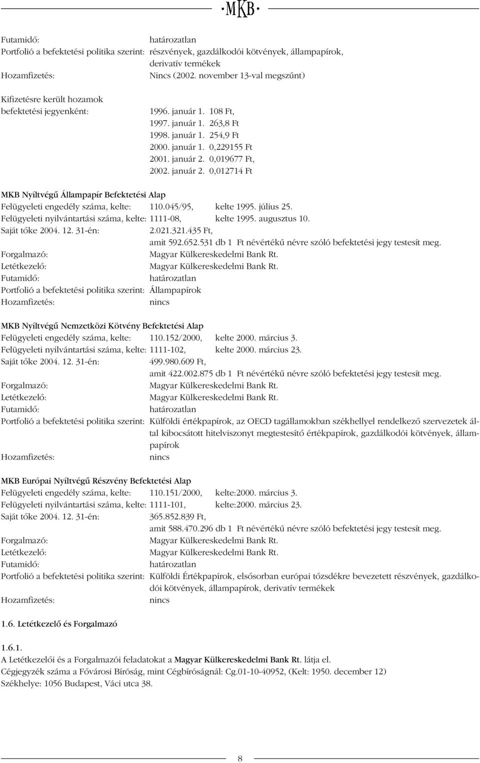 0,019677 Ft, 2002. január 2. 0,012714 Ft MKB Nyíltvégû Állampapír Befektetési Alap Felügyeleti engedély száma, kelte: 110.045/95, kelte 1995. július 25.