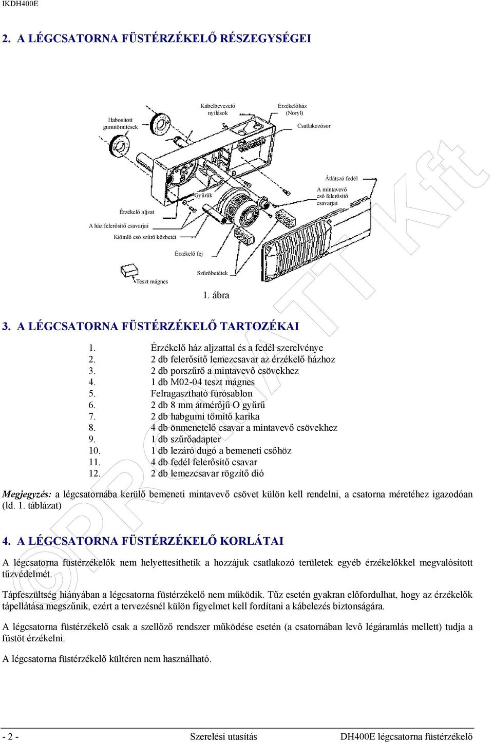 2 db felerősítő lemezcsavar az érzékelő házhoz 3. 2 db porszűrő a mintavevő csövekhez 4. 1 db M02-04 teszt mágnes 5. Felragasztható fúrósablon 6. 2 db 8 mm átmérőjű O gyűrű 7.