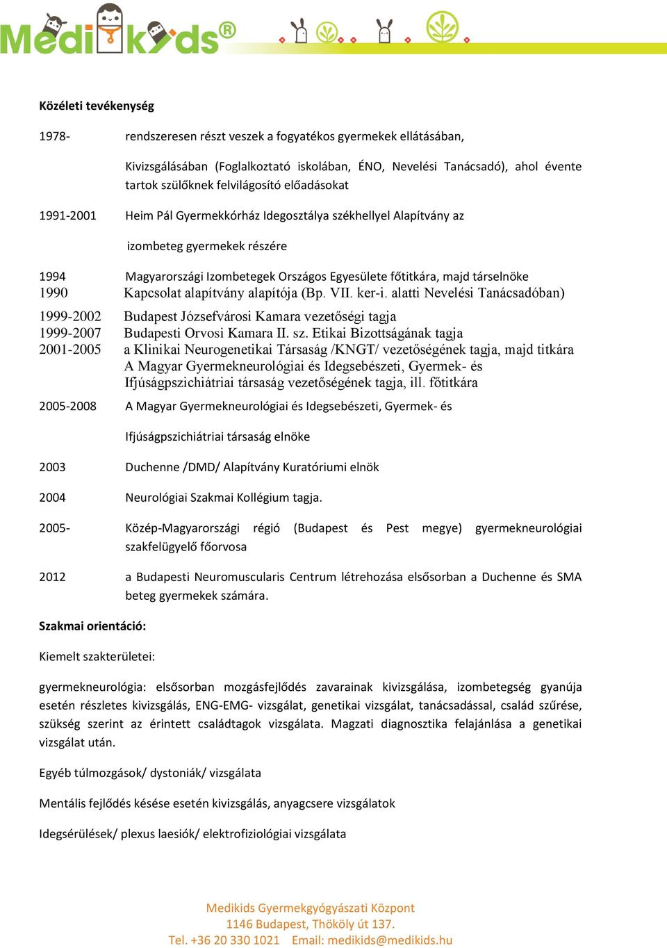 Kapcsolat alapítvány alapítója (Bp. VII. ker-i. alatti Nevelési Tanácsadóban) 1999-2002 Budapest Józsefvárosi Kamara vezetőségi tagja 1999-2007 Budapesti Orvosi Kamara II. sz.