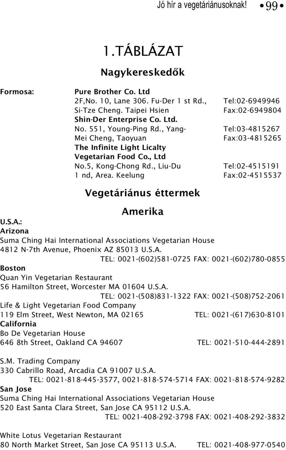 5, Kong-Chong Rd., Liu-Du Tel:02-4515191 1 nd, Area. Keelung Fax:02-4515537 Vegetáriánus éttermek Amerika U.S.A.: Arizona Suma Ching Hai International Associations Vegetarian House 4812 N-7th Avenue, Phoenix AZ 85013 U.