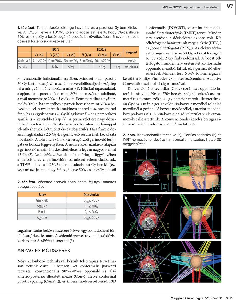 V (1/3) V (2/3) V (3/3) V (1/3) V (2/3) V (3/3) Gerincvelő 5 cm/5 Gy 1 cm/5 Gy 2 cm/47 Gy 5 cm/7 Gy 1 cm/7 Gy - nekrózis Parotis - 32 Gy 32 Gy - 46 Gy 46 Gy xerostomia konvencionális frakcionálás