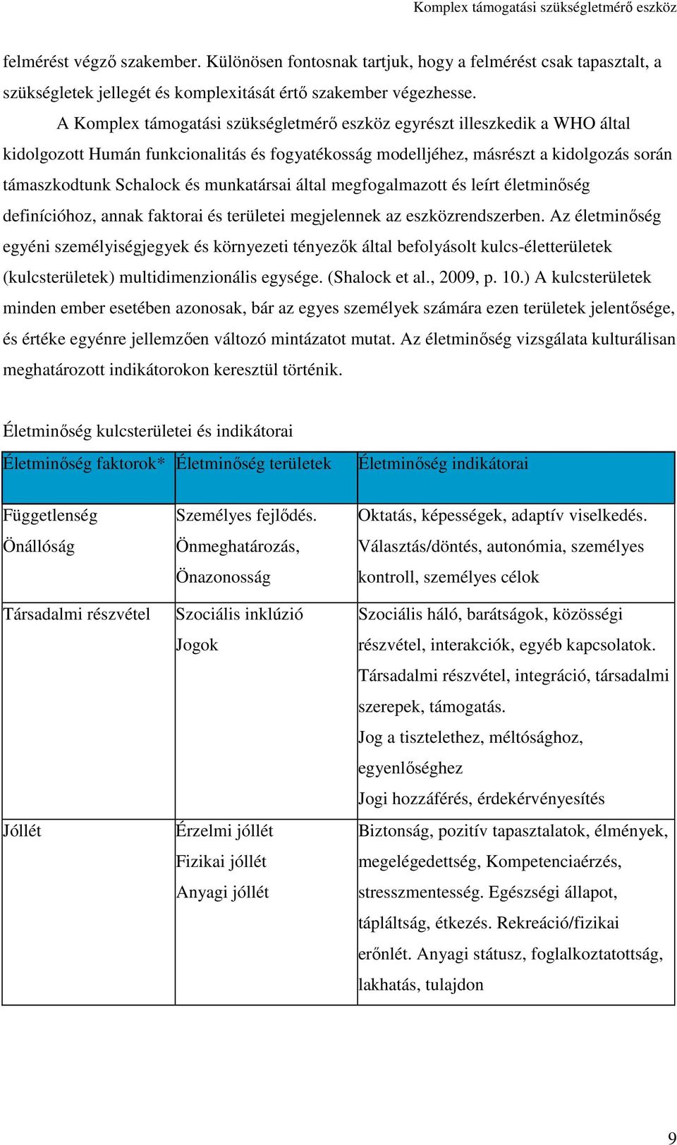 munkatársai által megfogalmazott és leírt életminőség definícióhoz, annak faktorai és területei megjelennek az eszközrendszerben.