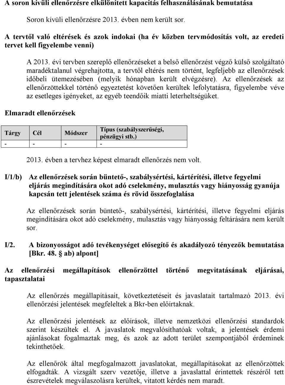 évi tervben szereplő ellenőrzéseket a belső ellenőrzést végző külső szolgáltató maradéktalanul végrehajtotta, a tervtől eltérés nem történt, legfeljebb az ellenőrzések időbeli ütemezésében (melyik