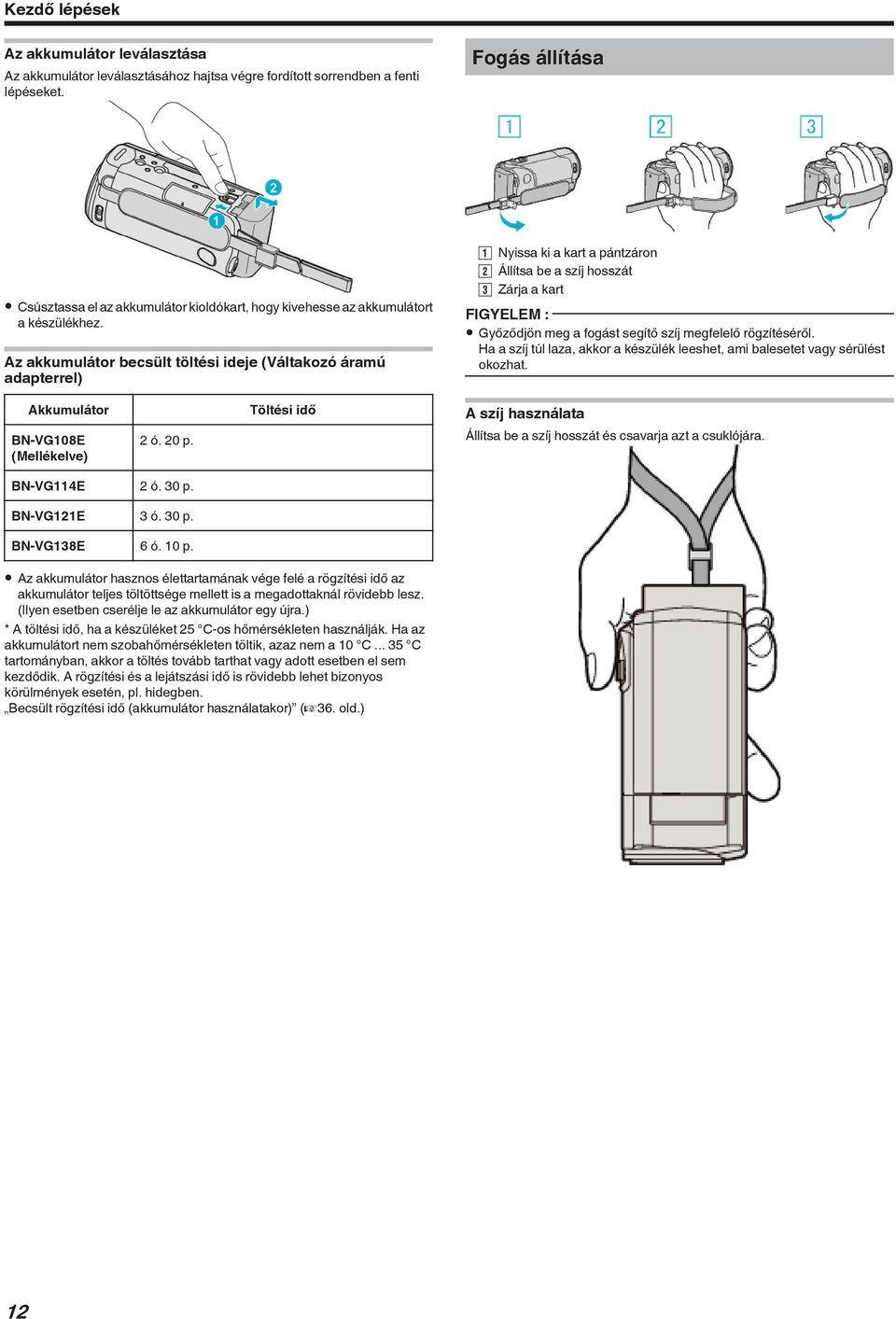 fogást segítő szíj megfelelő rögzítéséről Ha a szíj túl laza, akkor a készülék leeshet, ami balesetet vagy sérülést okozhat Akkumulátor BN-VG108E (Mellékelve) 2 ó 20 p Töltési idő A szíj használata