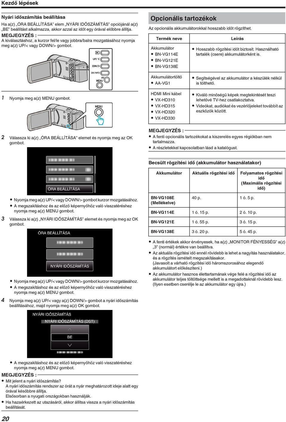 BN-VG121E 0 BN-VG138E Leírás 0 Hosszabb rögzítési időt biztosít Használható tartalék (csere) akkumulátorként is 1 Nyomja meg a(z) MENU gombot Akkumulátortöltő 0 AA-VG1 HDMI Mini kábel 0 VX-HD310 0