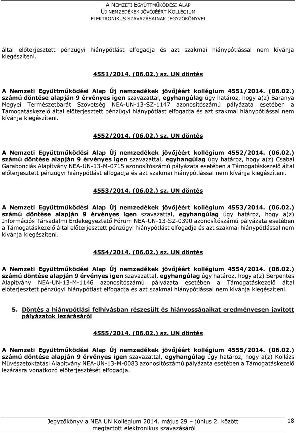 ) sz. UN döntés A Nemzeti Együttműködési Alap Új nemzedékek jövőjéért kollégium 4552/2014.