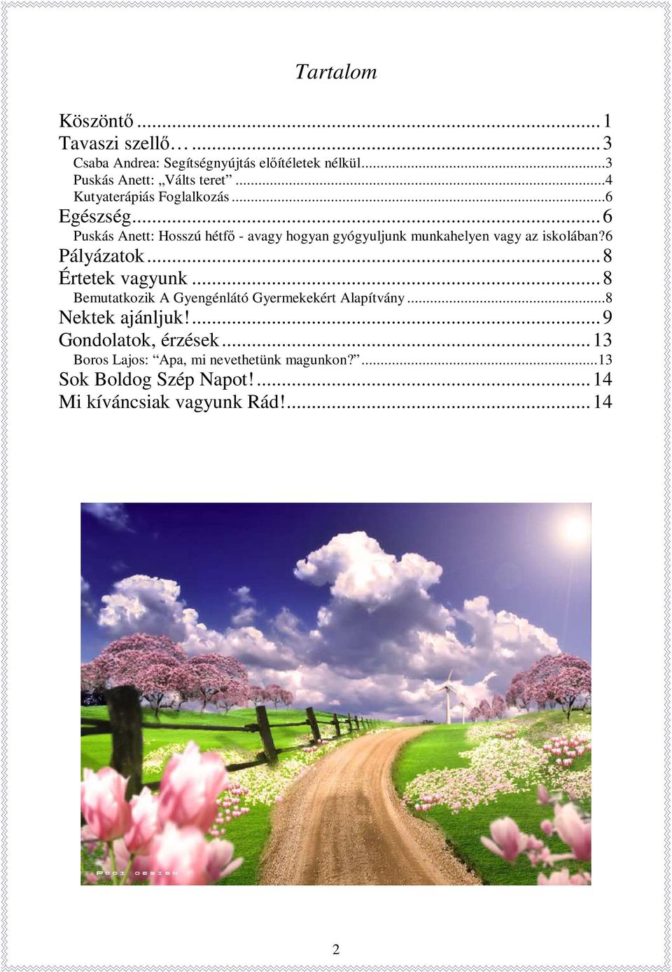 ..6 Puskás Anett: Hosszú hétfő - avagy hogyan gyógyuljunk munkahelyen vagy az iskolában?6 Pályázatok...8 Értetek vagyunk.