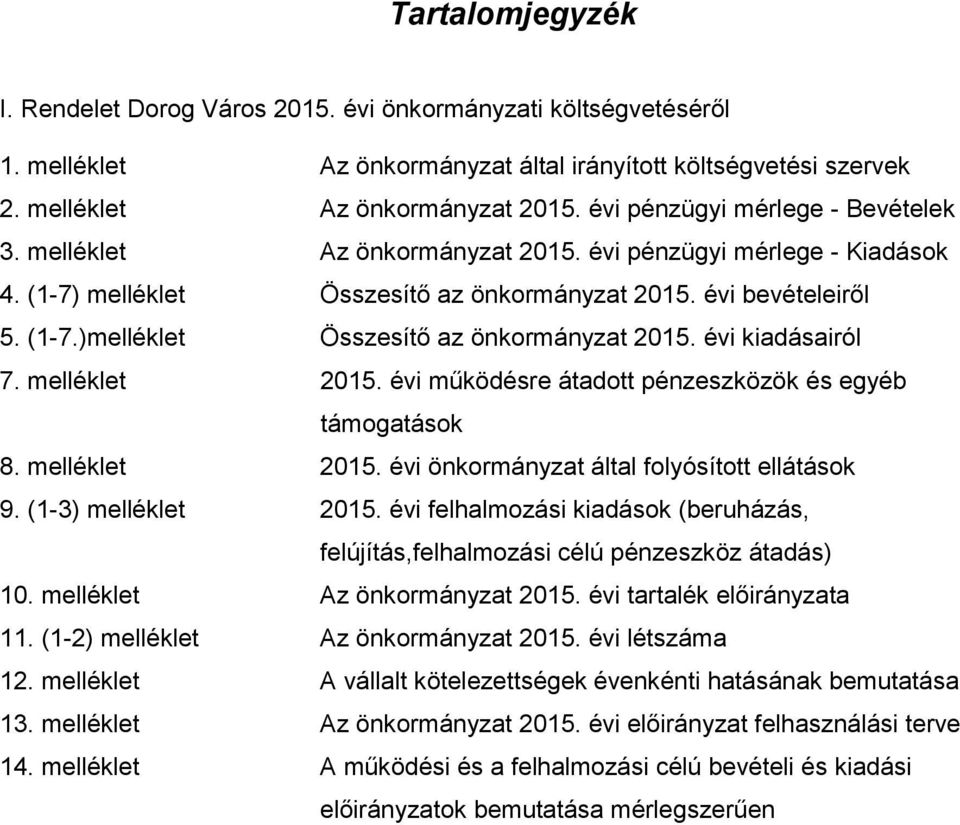 évi kiadásairól 7. melléklet 2015. évi működésre átadott pénzeszközök és egyéb támogatások 8. melléklet 2015. évi önkormányzat által folyósított ellátások 9. (1-3) melléklet 2015.