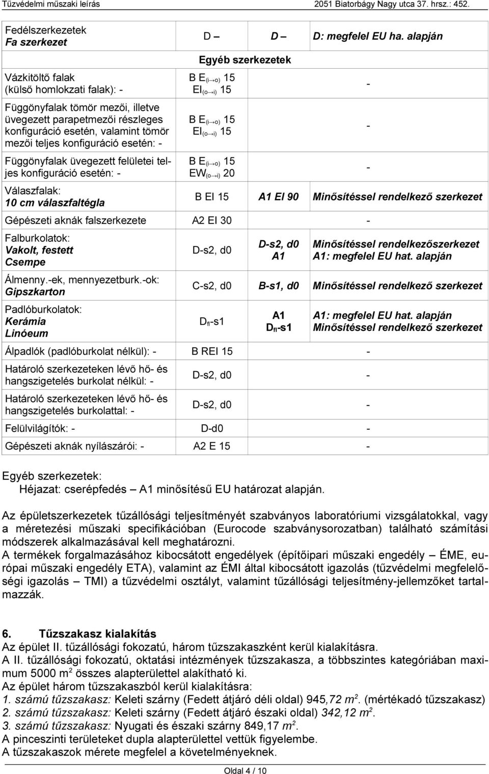 alapján Egyéb szerkezetek B E (i o) 15 EI (o i) 15 B E (i o) 15 EI (o i) 15 B E (i o) 15 EW (o i) 20 B EI 15 A1 EI 90 Gépészeti aknák falszerkezete A2 EI 30 - Falburkolatok: Vakolt, festett Csempe